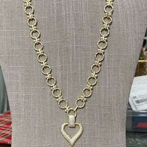 Gold Tone Faux Pearl Necklace with Rhinestone Heart Pendant